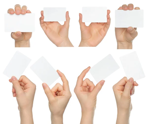 Руки держать визитные карточки коллаж — стоковое фото
