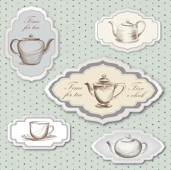 Чай Кубок и чайник ретро карта. Чай время старинные этикетки. Чай Кубок и горшок метка в винтажном стиле — стоковый вектор