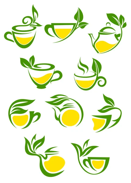 Символы чашек зеленого или травяного чая с лимоном — стоковый вектор