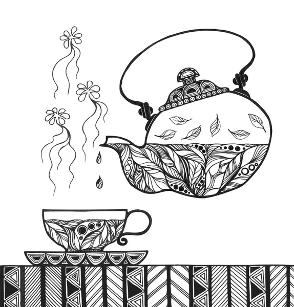 Заварной чайник и чашка с паром, стоящим на столе — стоковый вектор